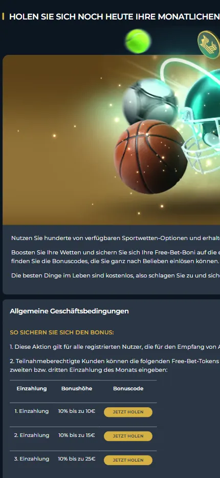 Die monatlichen Free-Bet-Tokens bei Royalistplay mit drei Stufen und eigenen Bonuscodes.