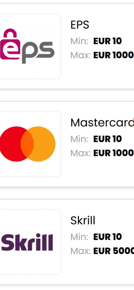 Der Einzahlungsbereich bei Royalistplay mit EPS, Mastercard und Skrill samt Beträgen.