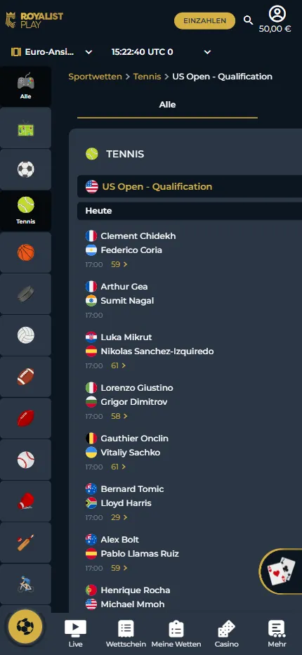 Die Qualifikation der US Open bei Royalistplay mit Siegquoten und Satz-Handicaps.
