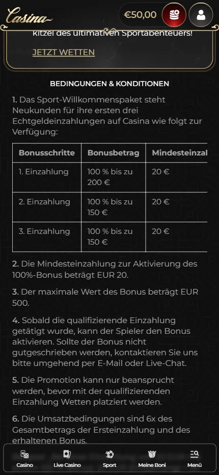 Die Bedingungen zum Sport-Willkommenspaket bei Casina mit drei Bonusstufen und sechsfachem Umsatz.