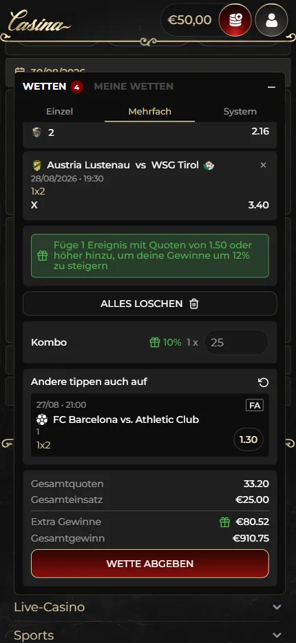 Der Wettschein bei Casina mit vier Bundesliga-Auswahlen und zehn Prozent Quotenaufwertung.