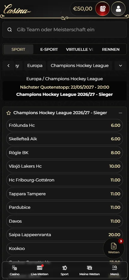 Die Langzeitwette auf den Sieger der Champions Hockey League 2026/27 bei Casina.