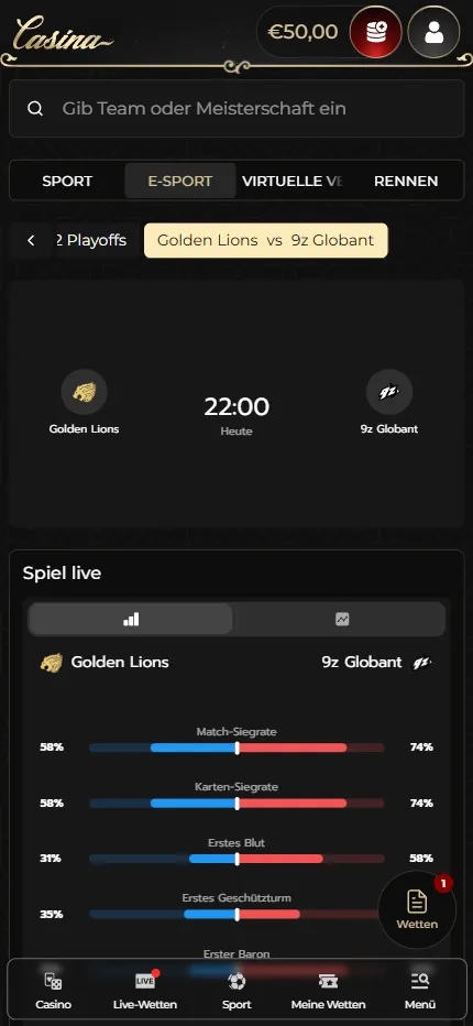 Die Live-Statistik zu einer League-of-Legends-Partie im eSports-Bereich von Casina.