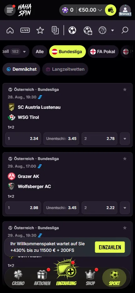 Der Spieltag der Österreichischen Bundesliga bei Hahaspin mit den Dreiwegquoten.