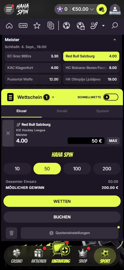 Die Meisterwette auf die ICE Hockey League bei Hahaspin mit Red Bull Salzburg zu 4,00.