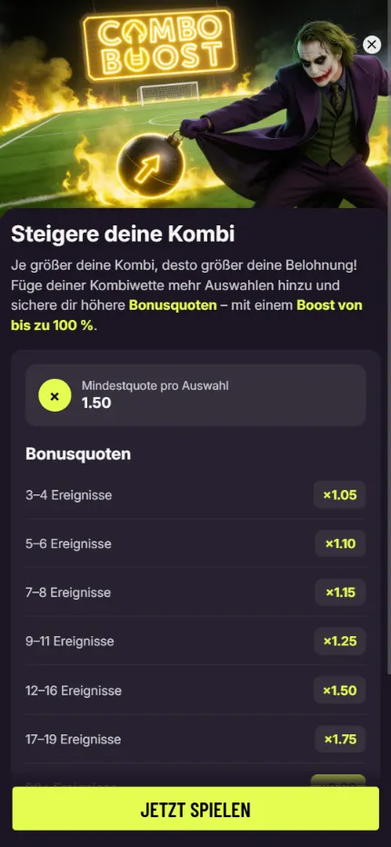 Die Staffel des Combo Boost bei Hahaspin mit steigenden Bonusquoten je Anzahl der Auswahlen.