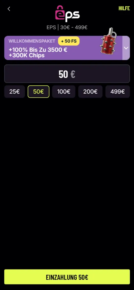 Die Einzahlung per EPS bei Hahaspin mit einem Rahmen von 30 bis 499 Euro.